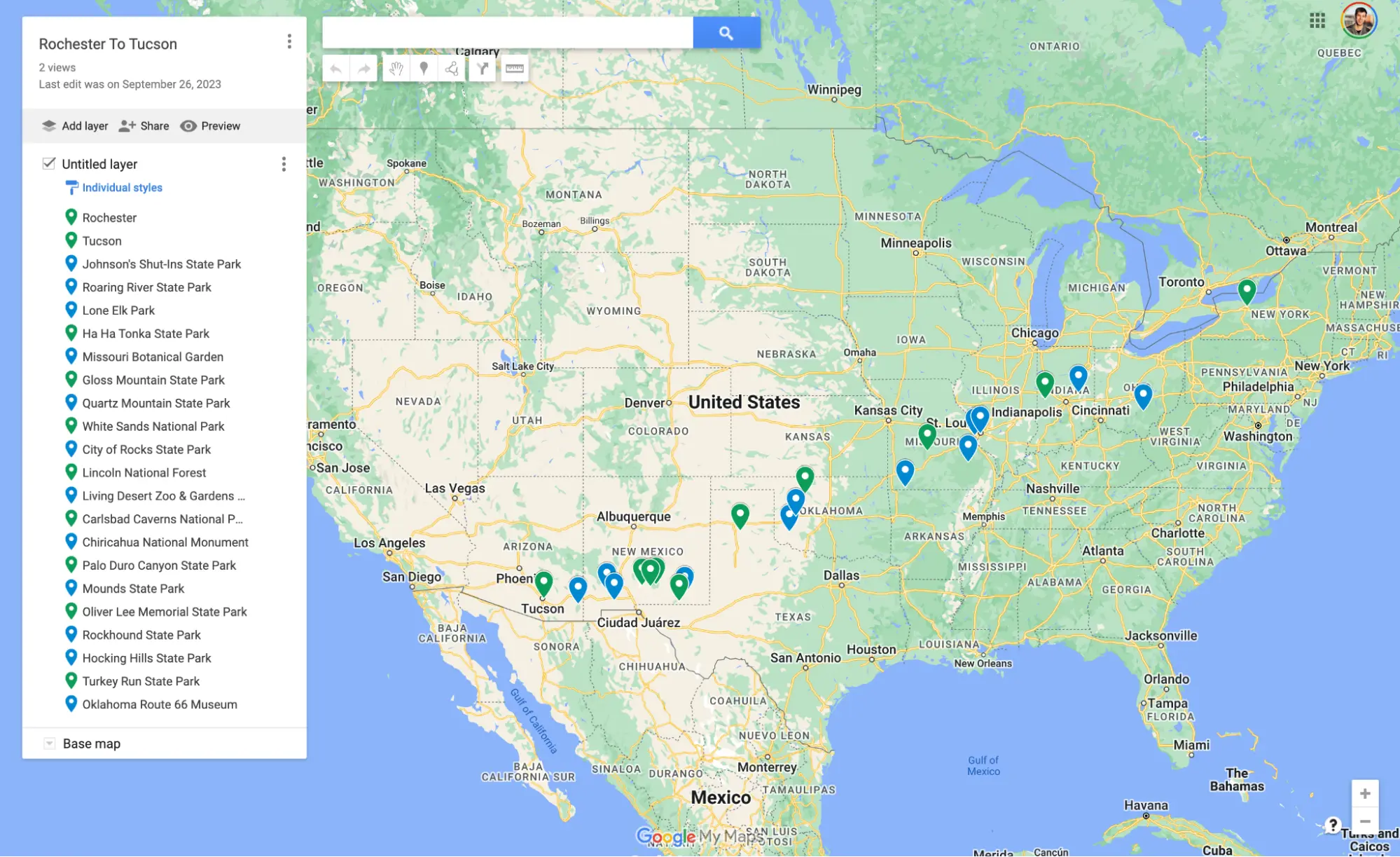 Google My Map Road Trip Planning Example